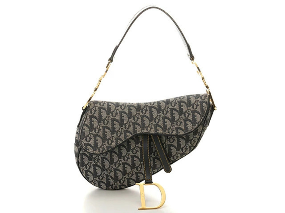 Christian Dior Saddle Pouch Clutch handle Trotter Bag Blue Canvas Calfskin